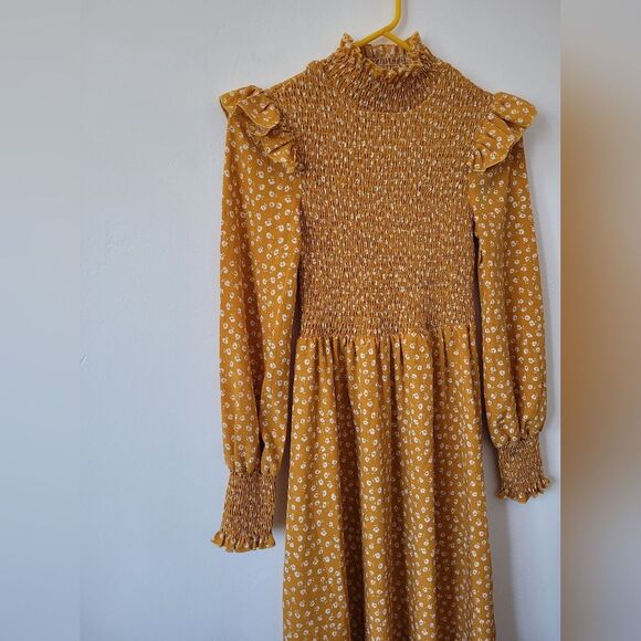 Yellow Floral Maxi Peasant Dress Boho Flounce Flutter Gypsy Hippie Cottagecore S - Picture 7 of 10